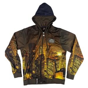 LRG Tokyo City Skyline Full Zip Hoodie Mens Medium‎ Brown Night Track Jacket